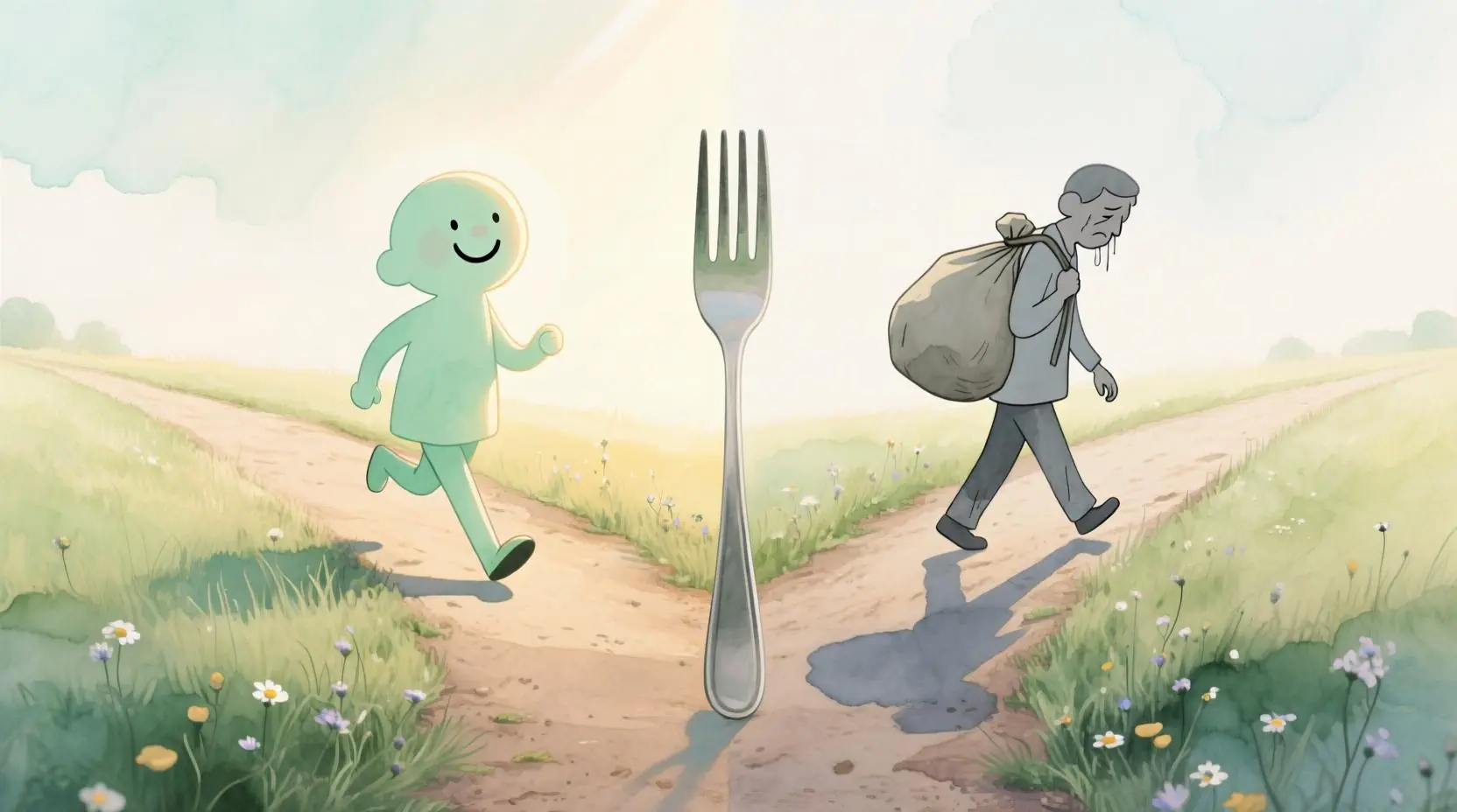 İki yol ayrımı; birinde pastel yeşil tonlarda karakter içsel motivasyonla gülümseyerek ilerliyor, diğerinde pastel gri tonlarda karakter dışsal motivasyonla omzunda ağır çanta taşıyor, yolda yorulmuş duruyor