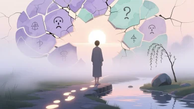 Sisli yolda adımlar atan figür, dağınık zihin haritasından aydınlık hedefe doğru ilerleyiş.