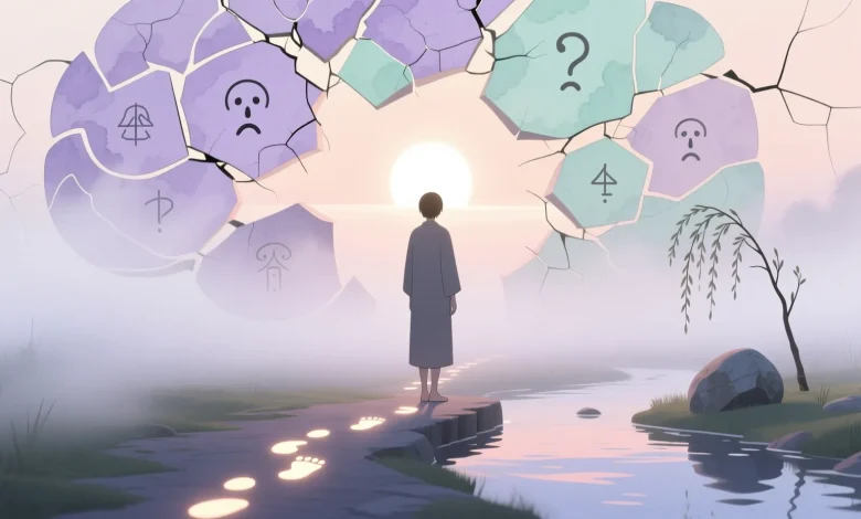 Sisli yolda adımlar atan figür, dağınık zihin haritasından aydınlık hedefe doğru ilerleyiş.