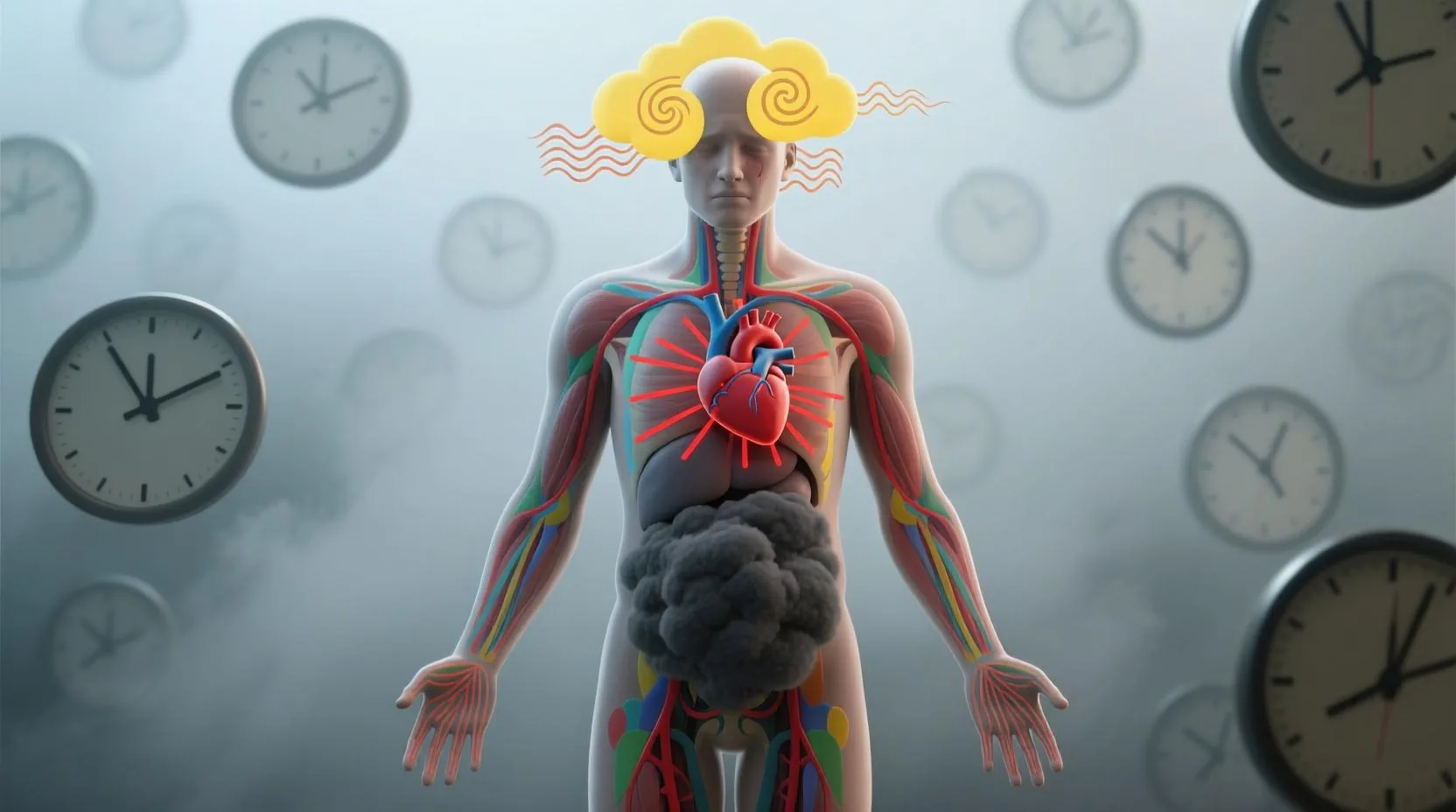 İnsan vücudu, kalpte kızarıklık, başta sarı bulut, ellerde titreme ve karında yoğunlukla anksiyete belirtilerini gösteriyor.