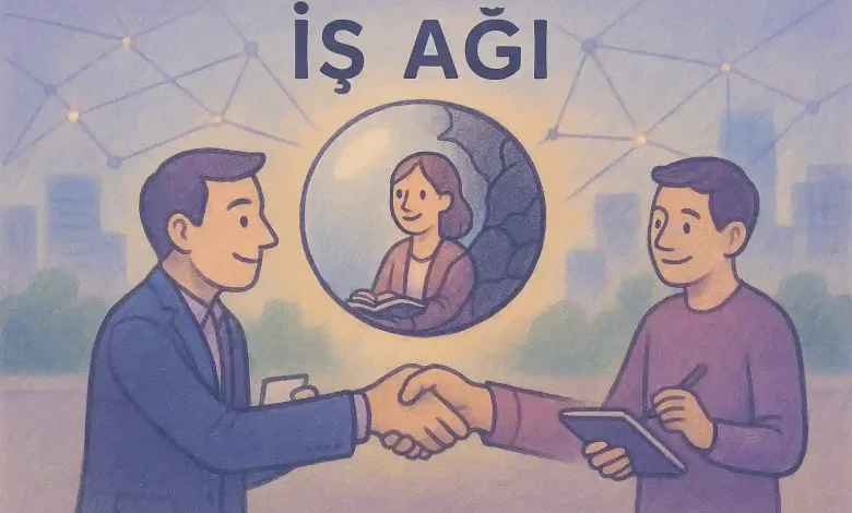 Pastel tonlarda çizilmiş hayali bir iş dünyası sahnesi: yumuşak mavi ve mor arka planda, stilize edilmiş karakterler el sıkışırken, arka tarafta soyut ağ (network) çizgileri ve ışık parlamaları. Karakterlerin yüz ifadeleri samimi, pozları açık ve davetkâr. Detaylar: elinde kartvizit tutan biri, diğeri not defterine bir şeyler yazıyor. Arka planda hafif bulanık ofis silüetleri. Stil: flat design, rüya gibi atmosfer.