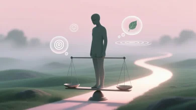 Karar verme süreçlerinde psikolojik etkileri ve çözümleri simgeleyen sahne, terazi üzerinde duran insan silüeti, arka planda seçenek yolları ve ışıkla aydınlatılmış tek yol.