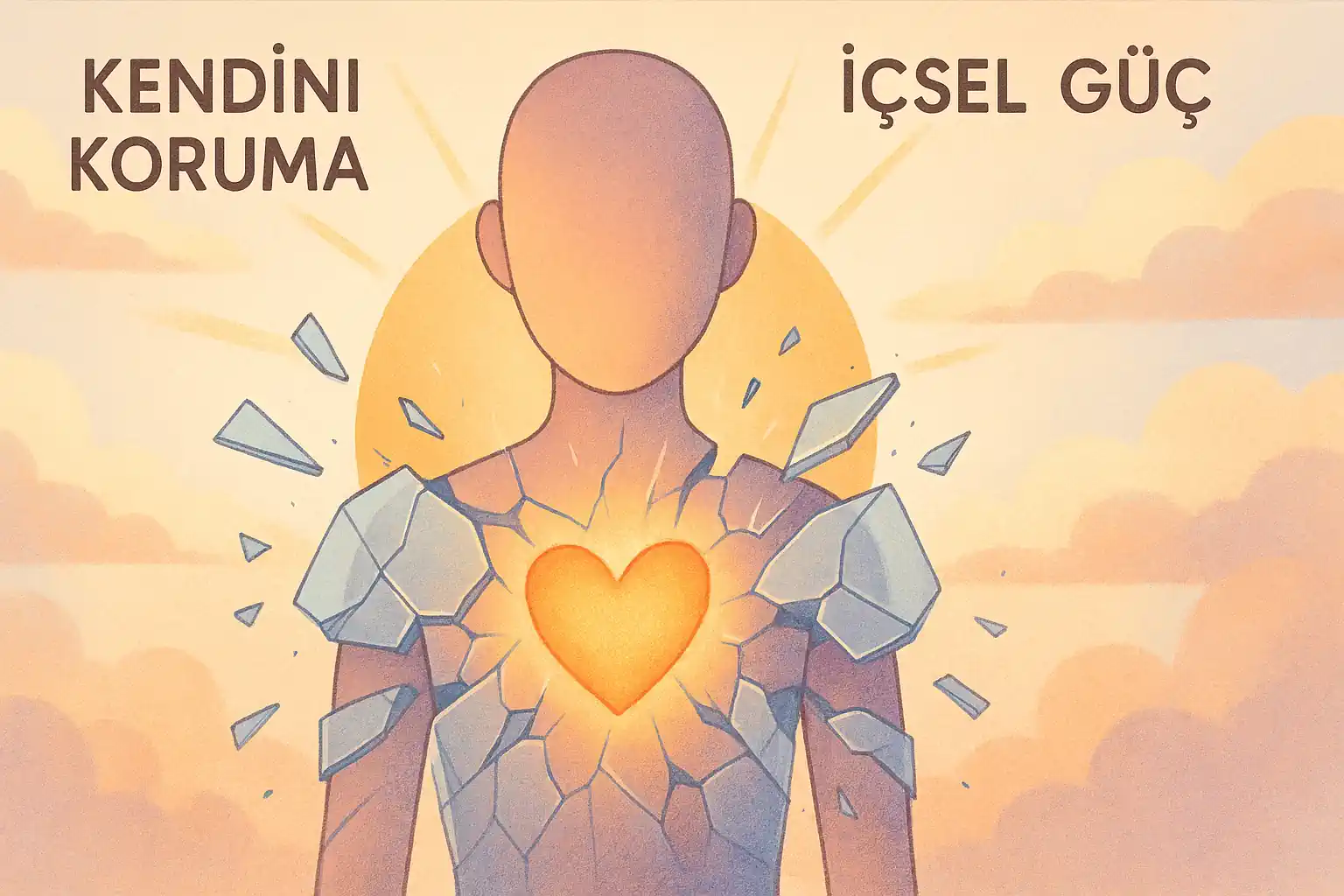 Soyut bir insan figürü, göğsünde parlak bir kalp sembolü, etrafında kırılgan camdan yapılmış bir zırh parçalanıyor; arka planda yükselen güneş ve yumuşak bulutlar, ‘kendini koruma’ ve ‘içsel güç’ temasını vurgulayan pastel tonlarda illüstrasyon