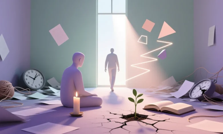 Dağınık ortamdan aydınlık ve düzenli mekâna ilerleyen figür, içsel motivasyonu ve netliği simgeler.