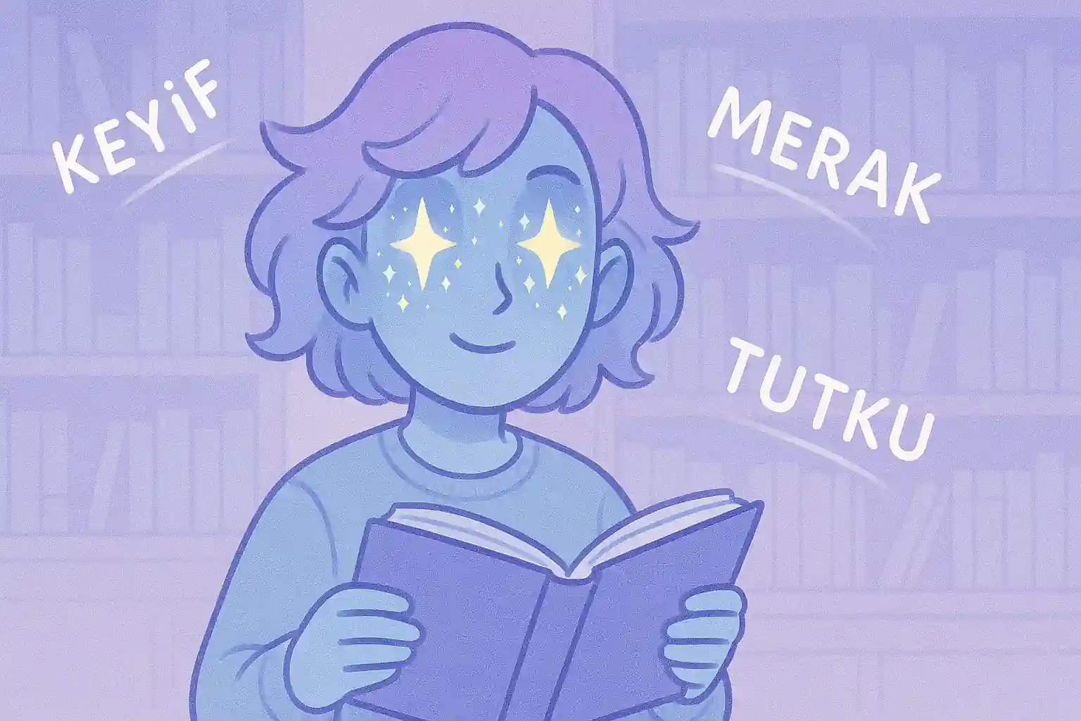 Pastel mavi ve mor tonlarda bir karakter, kitap okurken gözlerinden yıldızlar çıkıyor, etrafında ‘keyif’, ‘merak’, ‘tutku’ yazıları süzülüyor, arka planda sessiz bir kütüphane