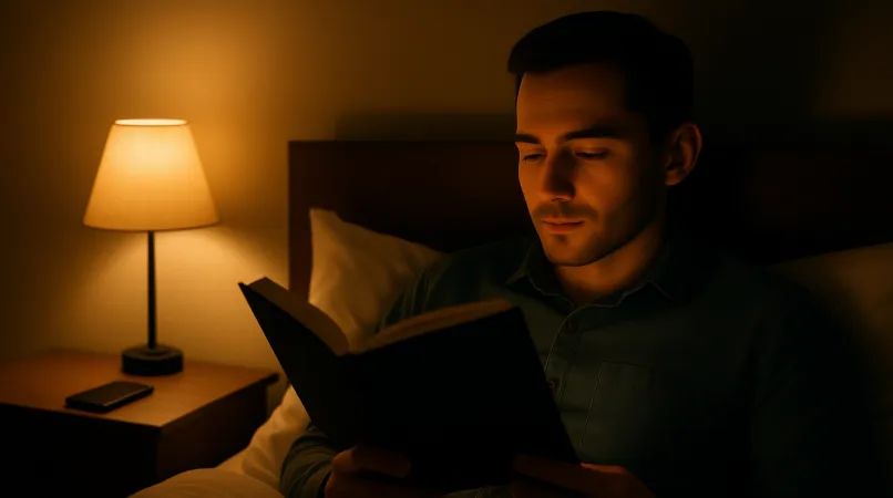 Bir kişinin yatak odasında, gece lambası yanarken kitap okuduğu sakin bir sahne, cep telefonu ise uzakta duruyor