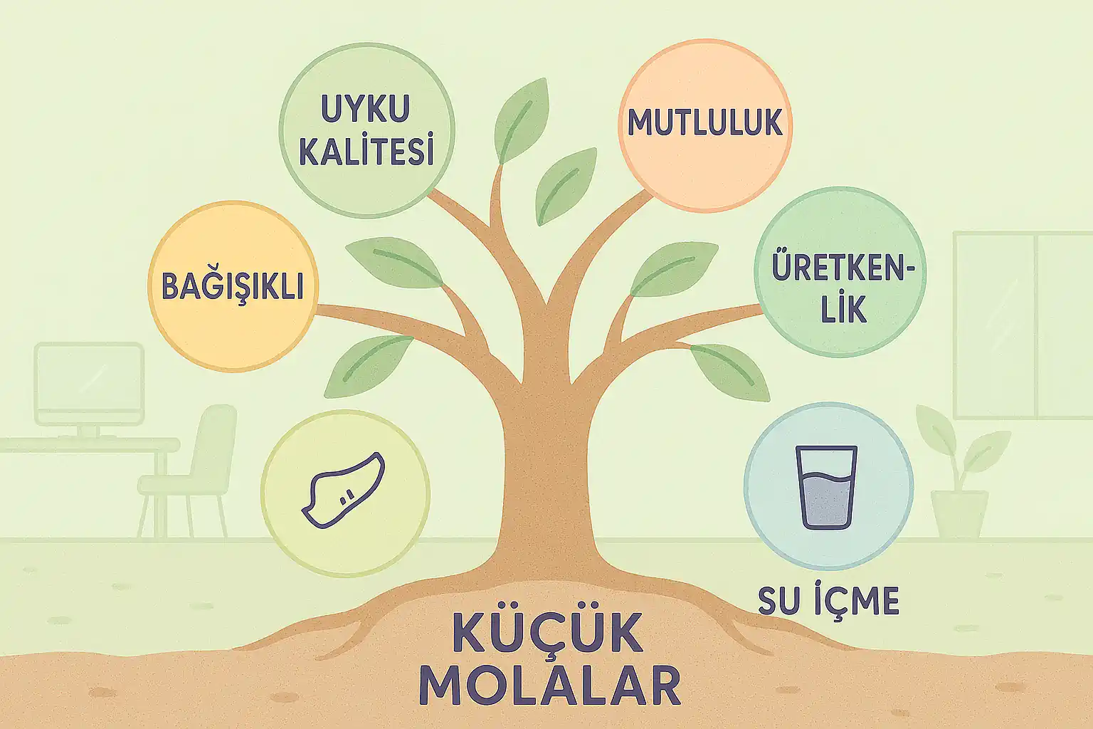 Bir ağaçın dallarında, her dalın ucunda farklı bir fayda (uyku kalitesi, bağışıklık, mutluluk, üretkenlik) yazılı küçük baloncuklar; ağaç kökünde “küçük molalar” yazıyor; pastel yeşil ve toprak tonları