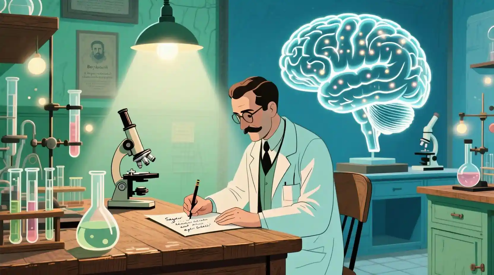 Tıp tarihi laboratuvarı, doktor yazıyor, beyin modeli ve nostaljik-modern görsel ile gösteriliyor.