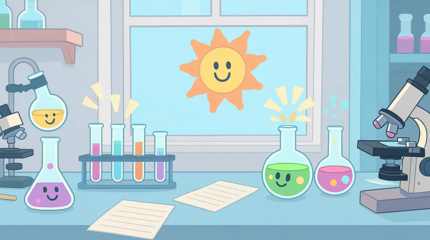 Pastel gri ve mavi tonlarda bir laboratuvar sahnesi; deney tüpleri, çizgili kağıtlar ve küçük patlamaların çizgi film stili görselleri;  gülümseyen bir güneş simgesi.