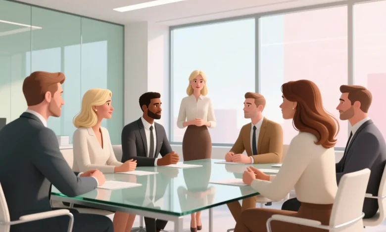 Modern ofis ortaminda farkli cinsiyetlere sahip profesyonellerin birlikte karar aldigi, acik iletisim kurdugu ve isbirligi yaptigi sahnenin pastel tonlarla sanatsal olarak tasvir edilmesi.