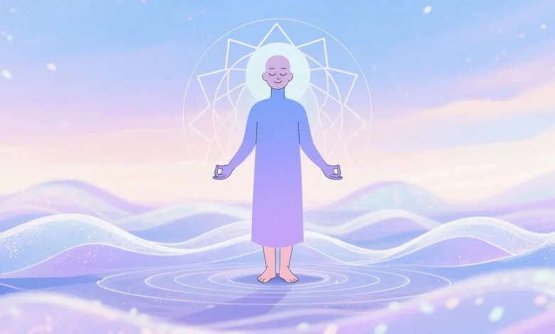 Pastel tonlarda hayali bir meditasyon sahnesi: yumuşak mavi ve mor gökyüzü altında, gözleri kapalı, hafifçe gülümseyen soyut bir figür, etrafında hafifçe dalgalanan enerji dalgaları ve sakinleştirici geometrik desenlerle çevrili. Gerçekçi değil, rüya gibi bir atmosfer.