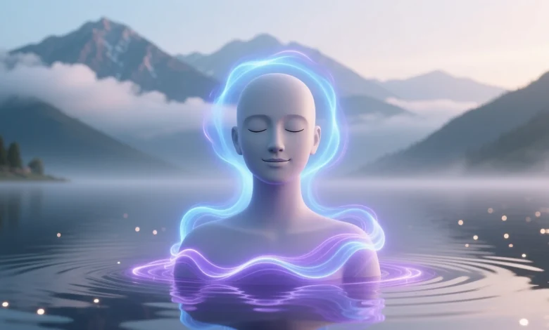Hayali meditasyon sahnesi, gözleri kapalı ve gülümseyen figür, mavi ve mor enerji halkalarıyla zihinsel dinginlik, sakin dağ manzarası ve göl, pastel tonlarda minimalist stil.