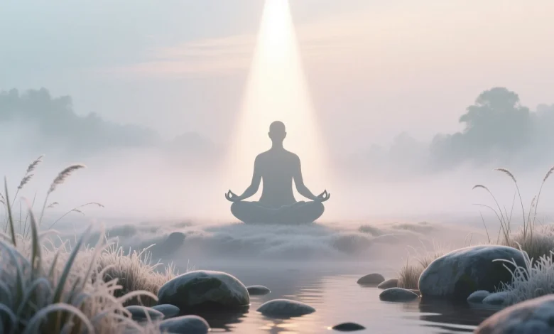 Hafif sisli sabah atmosferinde meditasyon yapan figür, net ışık hüzmesiyle aydınlanan sakin zihin ve dağılmış zihinsel bulanıklık sahnesi.