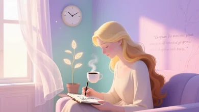 Pastel tonlarda hayali figür, sabah ışığı alan bir odada elinde kahveyle not defterine mikro hedefler yazıyor; arka planda sembolik saat, bitki ve motivasyonel yazılarla başarılı insanların mikro alışkanlık stratejisi görselleştiriliyor.