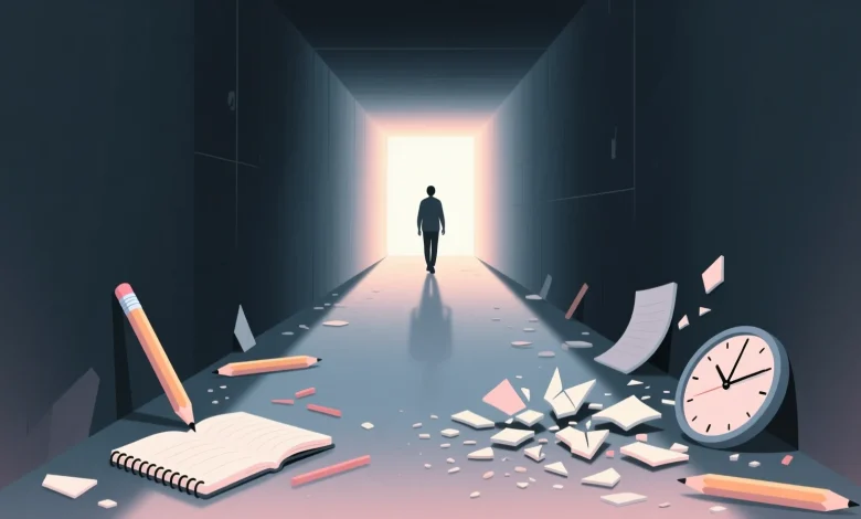Karanlik tünelden ışığa adım atan kişi, etrafinda saatler, kirik kalemler ve bos not defterleri ile motivasyon eksikliğini simgeliyor, net hedef noktasi ile minimalist yolculuk.