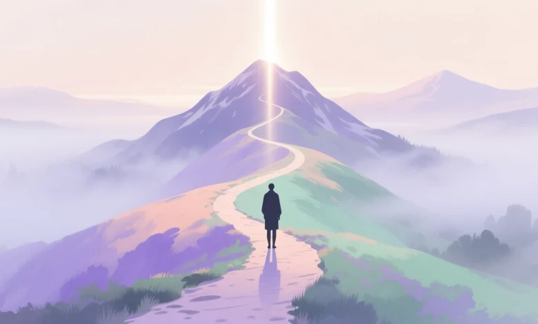 Sisli dağ yolunda zirveye yürüyen figür, uzakta ışık hüzmesiyle motivasyon simgesi.