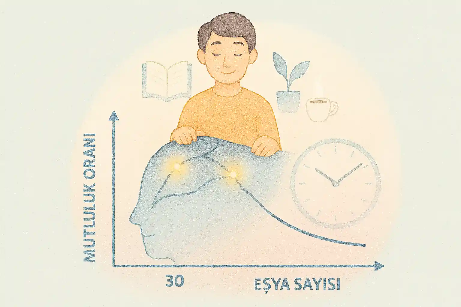 Minimalizm ve mutluluk: eşya sayısı ve mutluluk grafiği, karakter 30 eşya ile gülümseyen, pastel mavi ve turuncu tonlarda.