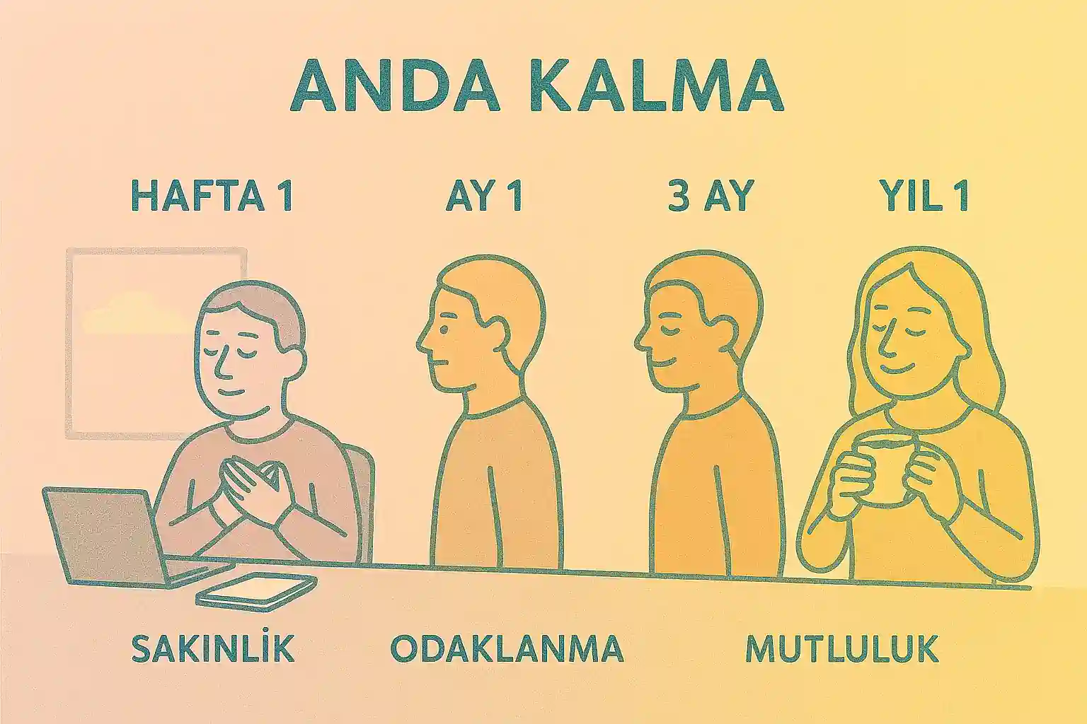Zaman çizelgesi formatında, hafta 1'den yıl 1'e kadar anda kalma pratiğinin etkilerini gösteren illüstrasyon. Her aşamada artan sakinlik, odaklanma ve mutluluk seviyeleri. Pastel renk geçişleriyle.