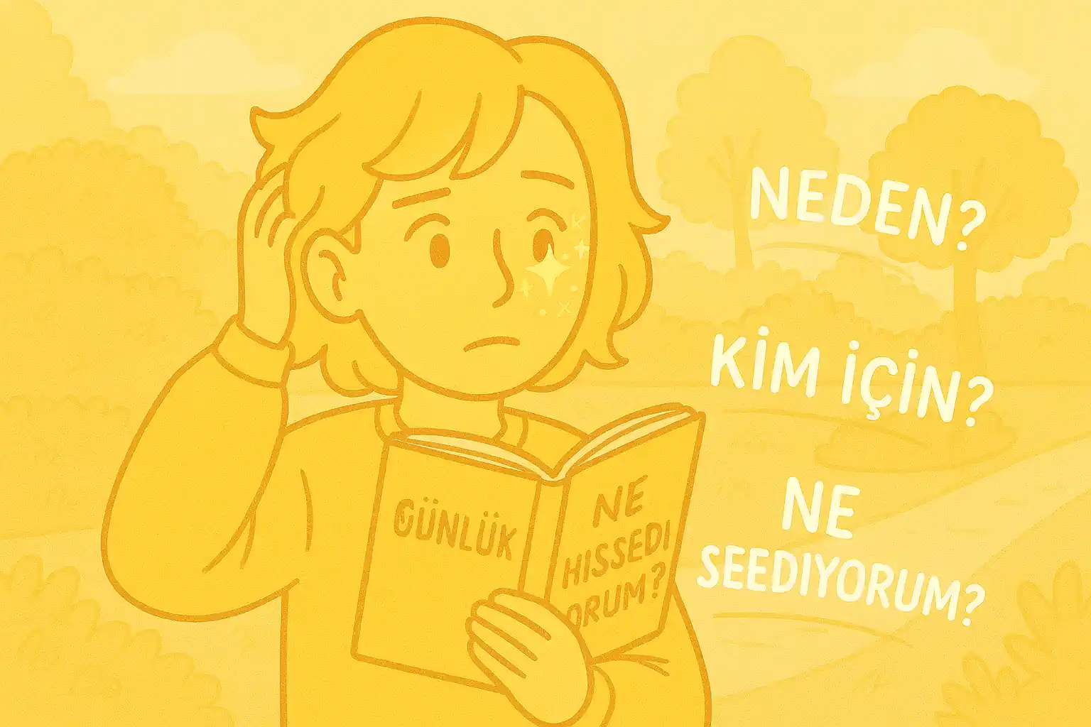 Pastel sarı tonlarda bir karakter, elinde bir günlük tutuyor, sayfalarda ‘neden?’ ‘kim için?’ ‘ne hissediyorum?’ soruları yazılı, arka planda sakin bir bahçe