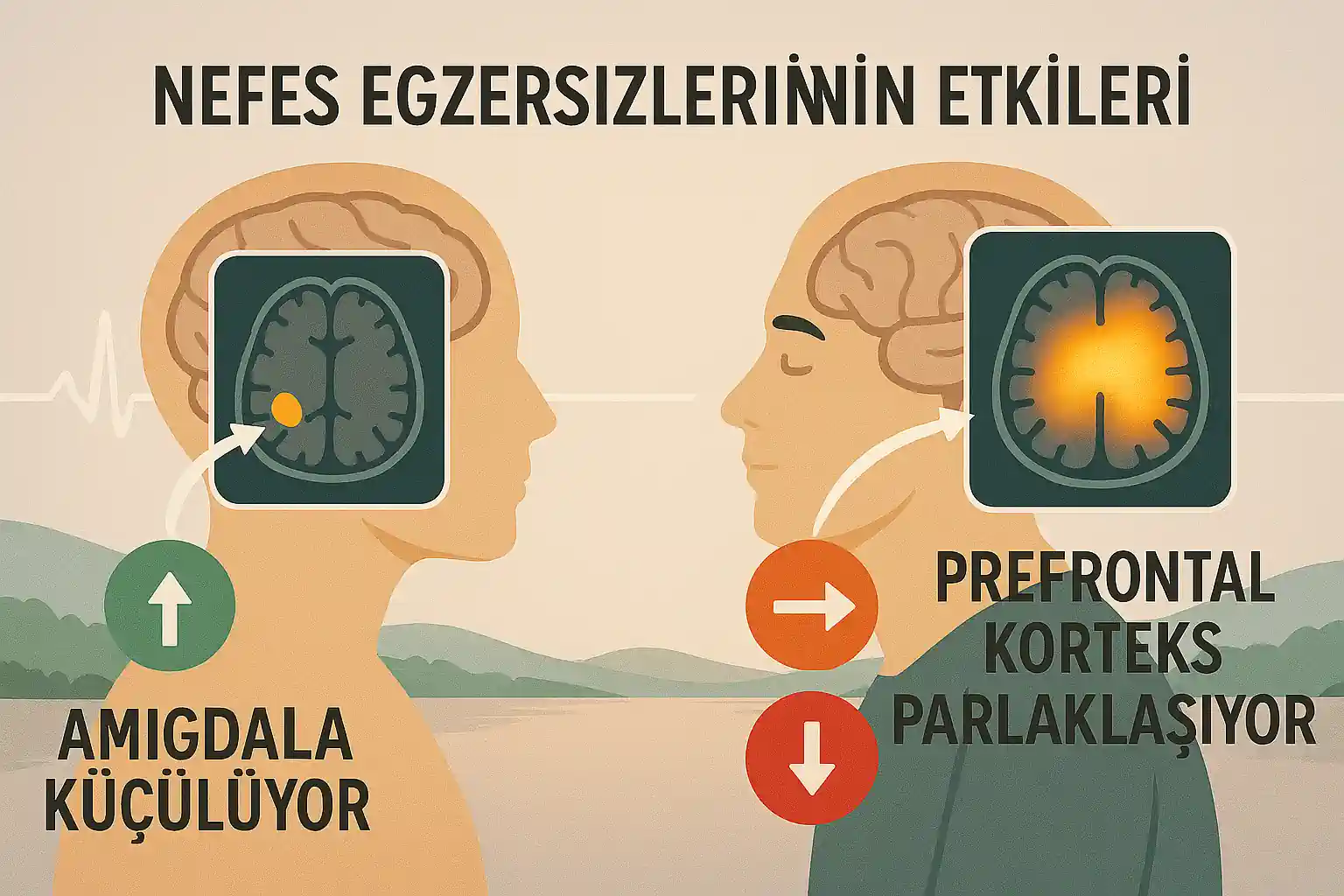 Beyin fMRI görüntüsü, nefes egzersizleri ile amigdala küçülmesi ve prefrontal korteks aktivitesi gösteriliyor.