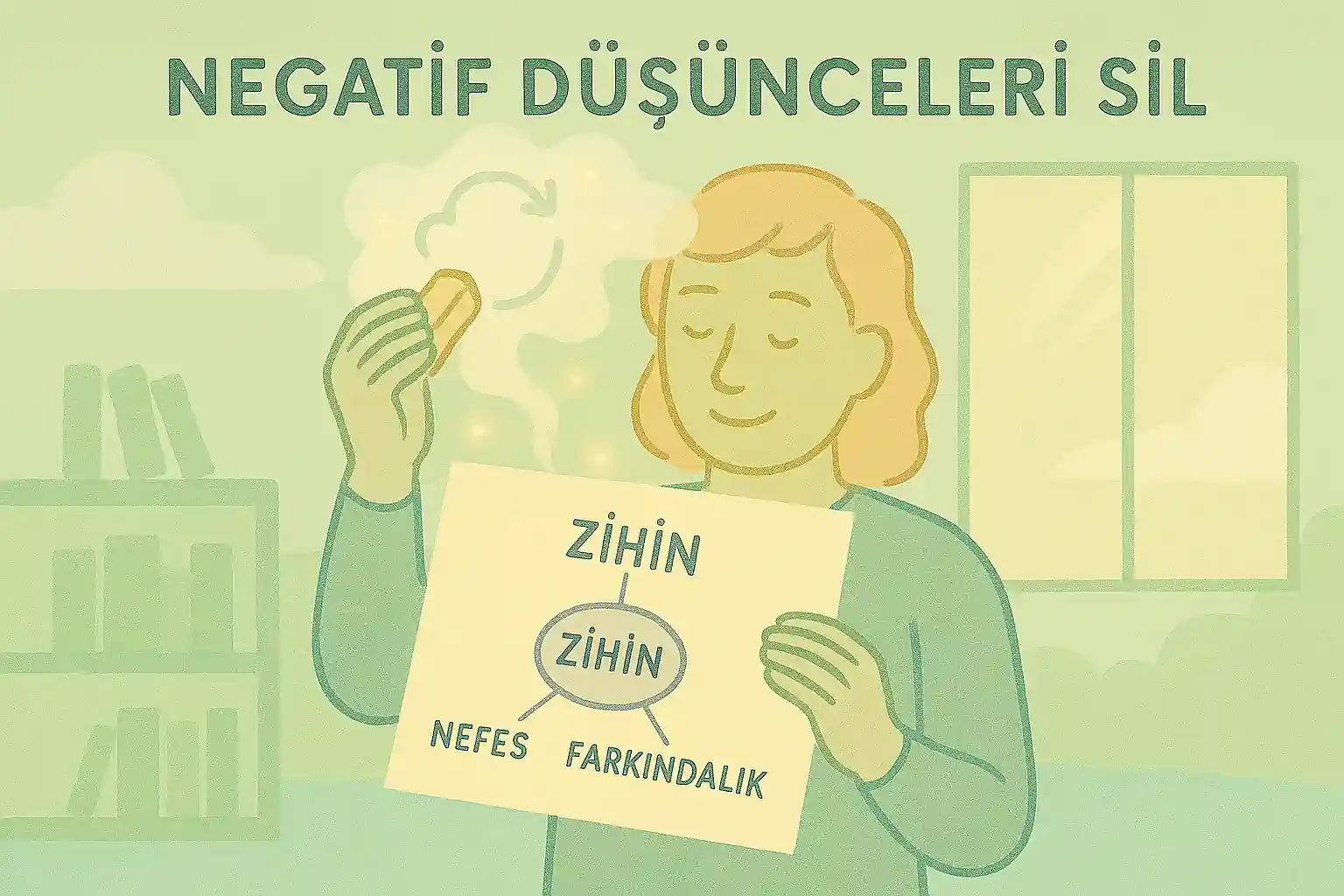 Hayali bir karakter, bir kitap okurken kafasından çıkan negatif düşünceleri bir silgiyle siliyor; pastel yeşil ve sarı tonlar, arka planda kitaplık ve ışıklı bir pencere.