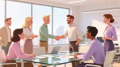 Modern ofis ortaminda farkli cinsiyet ve ten tonlarina sahip profesyonellerin projeler uzerinde is birligi yaptigi, el sikistigi ve sohbet ettigi dinamik sahne.