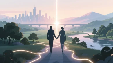 Ortak hedefe doğru yürüyen figürler, şehir ve doğa geçişleriyle sembolik köprü, hafif çizgiler ve ışık hüzmesiyle profesyonel bağları temsil ediyor.