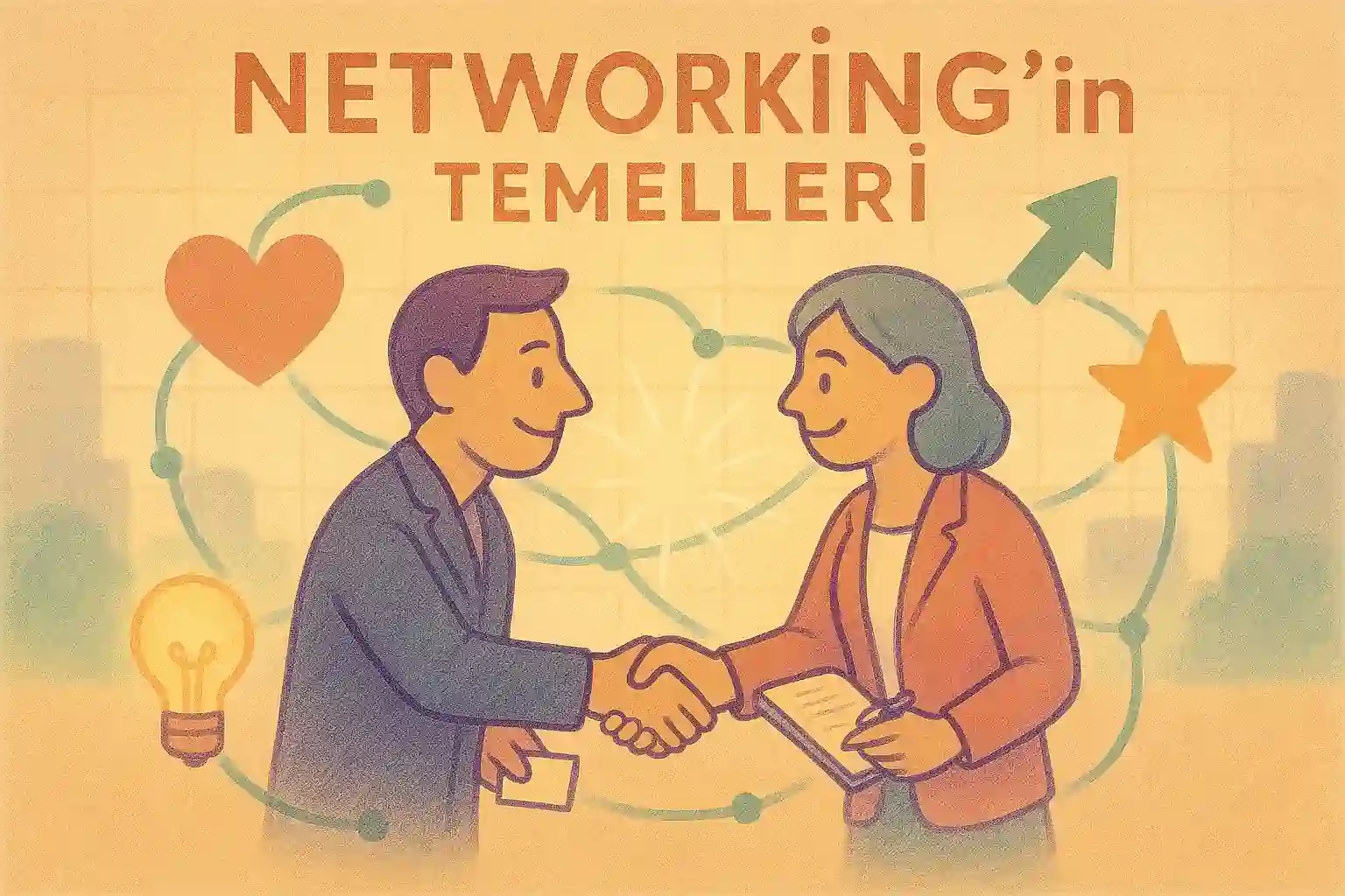 Networking’in temel ilkelerini simgeleyen soyut bir illüstrasyon — pastel turuncu ve yeşil tonlarda, el sıkışan iki figürün etrafında dönen bağlantı çizgileri ve simgeler (kalp, ok, yıldız, ampul). Arka planda hafif grid deseni. Stil: modern flat illustration, yumuşak gölgeler.