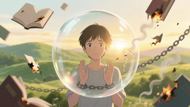 Pastel tonlarda hayali sahne; elleriyle cam bir kürenin içinde hapsolmuş gibi görünen figür, dışarıdaki güneşli manzarayı izliyor, arka planda kitaplar ve kırık zincirler; öğrenilmiş çaresizliğin kişisel gelişimi engelleyen zihinsel tuzağını simgeliyor.