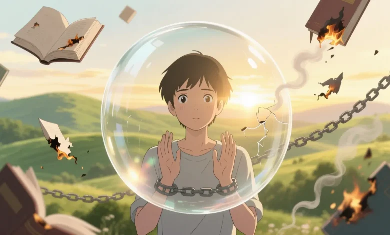 Pastel tonlarda hayali sahne; elleriyle cam bir kürenin içinde hapsolmuş gibi görünen figür, dışarıdaki güneşli manzarayı izliyor, arka planda kitaplar ve kırık zincirler; öğrenilmiş çaresizliğin kişisel gelişimi engelleyen zihinsel tuzağını simgeliyor.