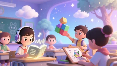 Hayali sınıf ortamı, öğrenciler farklı öğrenme stilleriyle (kitap, kulaklık, blok, çizim tahtası) etkileşimde, sakin ve eğitici kartun tarzı.