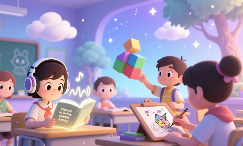 Hayali sınıf ortamı, öğrenciler farklı öğrenme stilleriyle (kitap, kulaklık, blok, çizim tahtası) etkileşimde, sakin ve eğitici kartun tarzı.