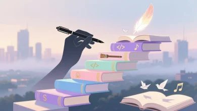 Merdiven seklinde yukselen kitaplar ve kalem tutan bir siluet ile, pastel tonlar ve yumuşak renklerle tasvir edilmis, arka planda bulanik sehir manzarasi ve ogrenmenin yolculugunu simgeleyen sanatsal sahne.