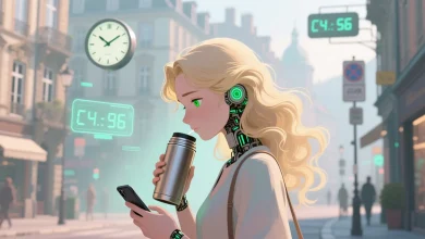 Hayali Avrupa karakter, pastel tonlar, otomatik sabah rutini, kahve ve telefon, şehir arka plan, farkındalık kaybı.