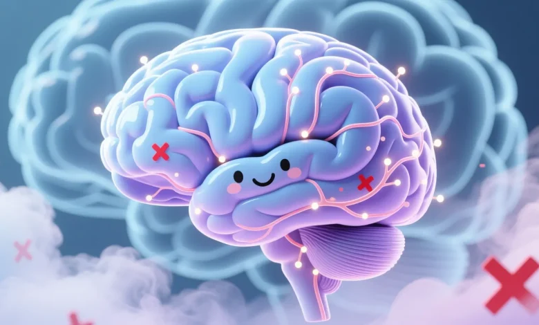 Pastel tonlarda beyin anatomisi illüstrasyonu; amigdala bölgesi, nöron bağlantıları ve sakin zihin bulutu, stres sembollerini yumuşatan atmosfer.