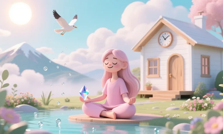 Hayali karakter sabah güneşiyle meditasyon yapıyor, pastel tonlar, minimalist ev ve doğa unsurları, zihinsel dinginlik teması, rüya gibi illüstrasyon.