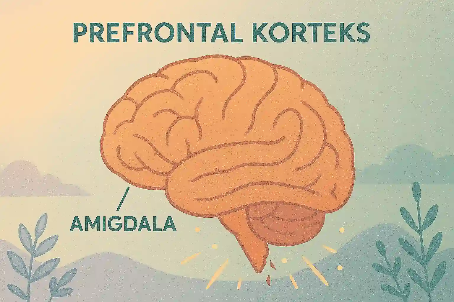 Beynin farklı bölgelerini gösteren soyut bir illüstrasyon, prefrontal korteks ve amigdala etkileşimi vurgulanmış, pastel turuncu ve yeşil tonlarda, bilimsel ama sakin bir atmosfer