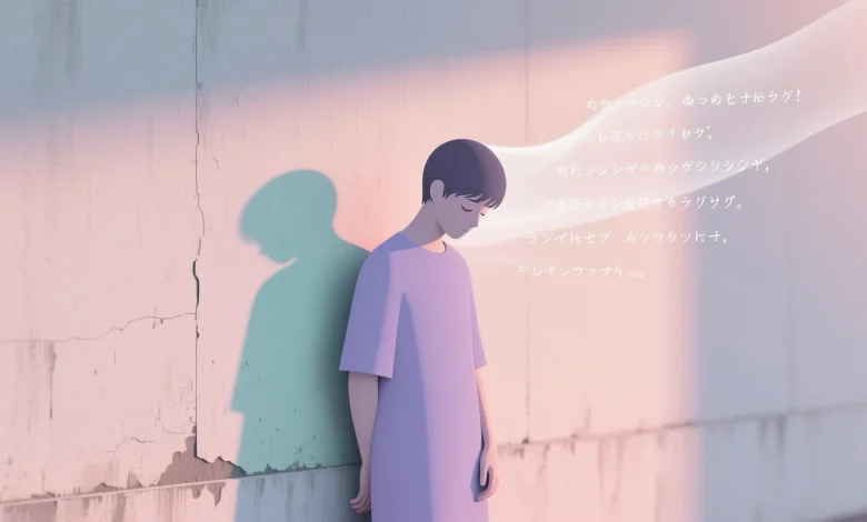 Duvara yaslanmış sessiz figür, arka planda gölge gibi uçuşan kelimelerle içsel çatışmayı simgeler.