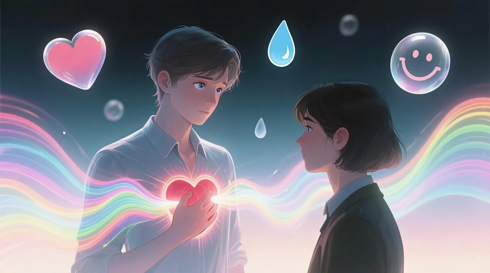 Bir karakterin göğsünden yayılan ışınların, karşıdaki karakterin gözlerinden giren ve kalbine ulaşan renkli enerji dalgaları halinde görselleştirildiği, arka planda şeffaf duygusal sembollerin (kalp, gözyaşı, gülümseme) yüzdüğü illüstrasyon.