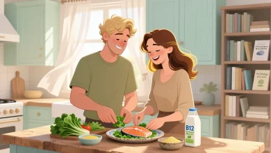 Çift mutfakta sağlıklı yemek hazırlıyor, pastel tonlarda huzurlu sahne.