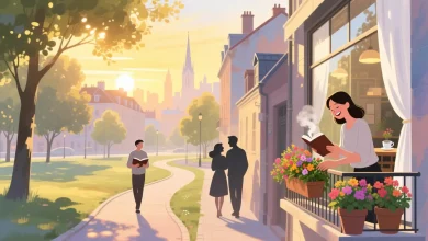 Sehir parkinda yuruyen kisi, kafede kitap okuyan figür, balkonda ciceklerle zaman geciren biri ve sokakta gulumsen cift, pastel tonlarda huzurlu sehir manzarasi.