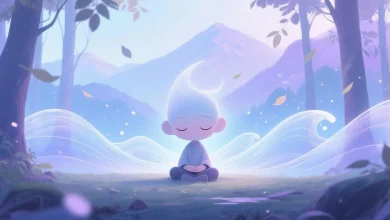 Pastel mavi ve mor tonlarda orman açıklığında oturan hayali karakter, şeffaf dalgalarla sessizlik ve sakinlik teması, arka planda puslu dağlar ve uçan yapraklar.