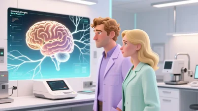 İki bilim insanı laboratuvarda beyin haritaları önünde, pastel tonlar.