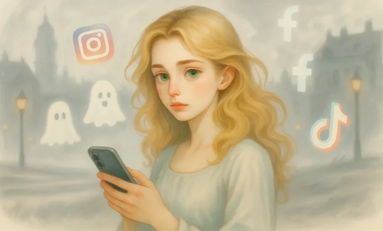 elinde telefon tutan genç kadın; pastel ve yumuşak tonlarda, arka planda bulanık sosyal medya simgeleri ve gri şehir manzarası; sanatsal illüstrasyon, sosyal medya kullanımı ve depresyon ilişkisini simgeliyor.