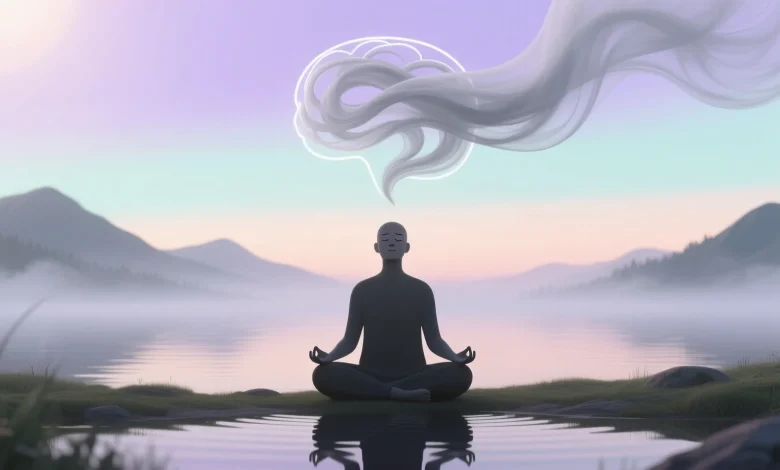 Sakin doğada derin nefes alan kişi, zihinsel karmaşanın dağılması, sisli dağlar ve su yüzeyiyle içsel denge metaforu.