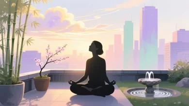 Soyut bir kompozisyonda, bir kisi sessizce nefes alarak icsel dengeye ulasiyor, pastel tonlar ve yumuşak renklerle sanatsal olarak tasvir edilen, doga ve sehir unsurlarinin dengeli birlesimiyle modern dunyada stres yonetimini simgeleyen sahne.