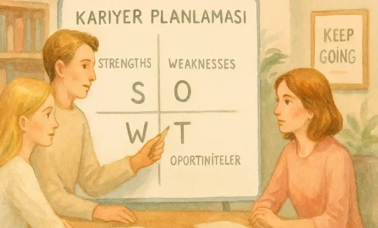 Hayali ofiste SWOT analizi yapan karakterler, pastel tonlar ve yumuşak ışıkla strateji oluşturuyor; sanatsal ve hayali illüstrasyon.