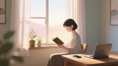 Pencere kenarında kitap okuyan figür, kapalı telefon ve bilgisayar, saksı bitkileriyle çevrili sakin iç mekân, teknolojiden uzaklaşarak huzuru simgeleyen sahne.