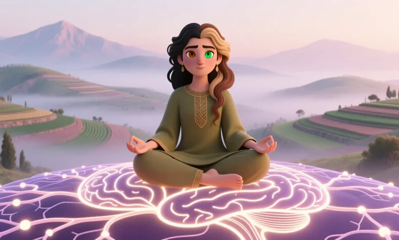 Hayali Türk karakter, buğday/esmer ten, farklı göz ve saç renkleri, pastel tonlarda meditasyon yapıyor; beyin sinir ağları ışıklı, arka planda sakin Anadolu manzarası ve hafif sisli dağlar; nöroplastisite ve travma sonrası beyin şekillenmesini simgeleyen illüstrasyon.