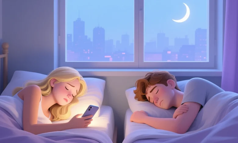 Gençler yatakta telefon ve uyku, pastel tonlarda sakin gece sahnesi.